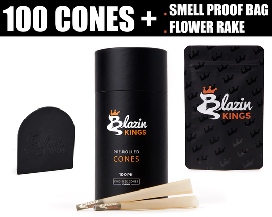Blazin Kings Cones 100 PK - Pre Rolled & All Natural + Flower Rake & Smell Proof Bag [109mm King Size]