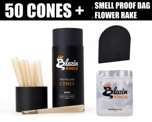 Blazin Kings Cones 50 PK - Pre Rolled & All Natural + Flower Rake & Smell Proof Bag [109mm King Size]